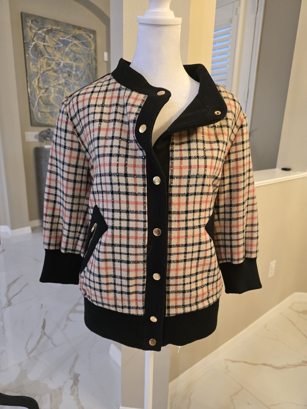Plaid Snap-Front Blazer Jacket in Cream, Pink & Black